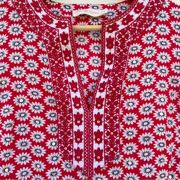 Tory Burch Jayne Nantucket Red Daisy Floral Embroidered Cotton Tunic Size 0 - Picture 4 of 7